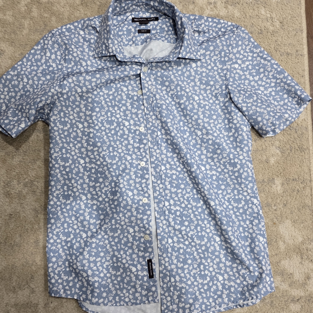 Michael Kors Blue and White Floral Patterned Button Down Shirt